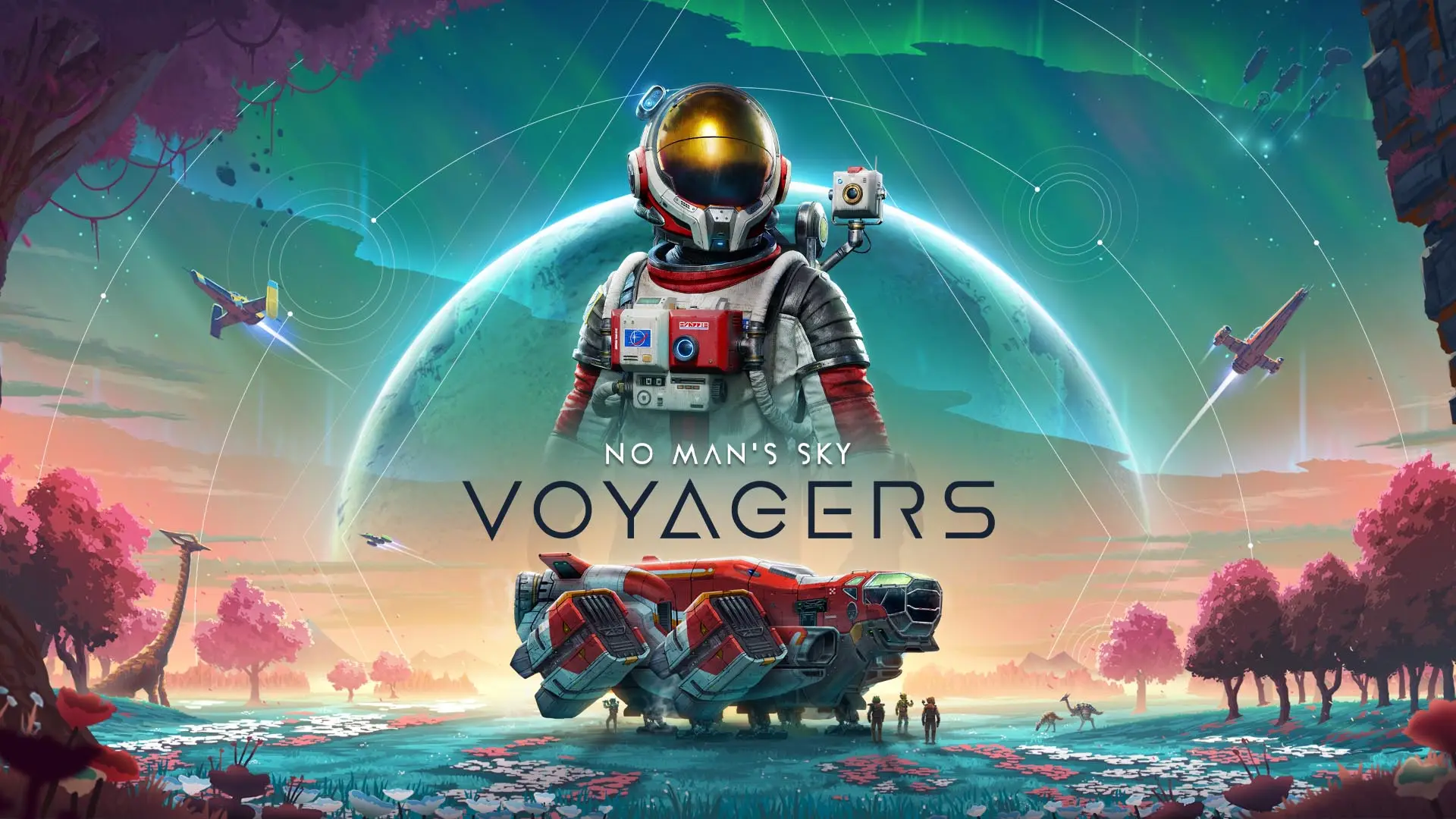 Promotional art for No Man's Sky Voyagers featuring a traveler, spaceship, and alien planet landscape.