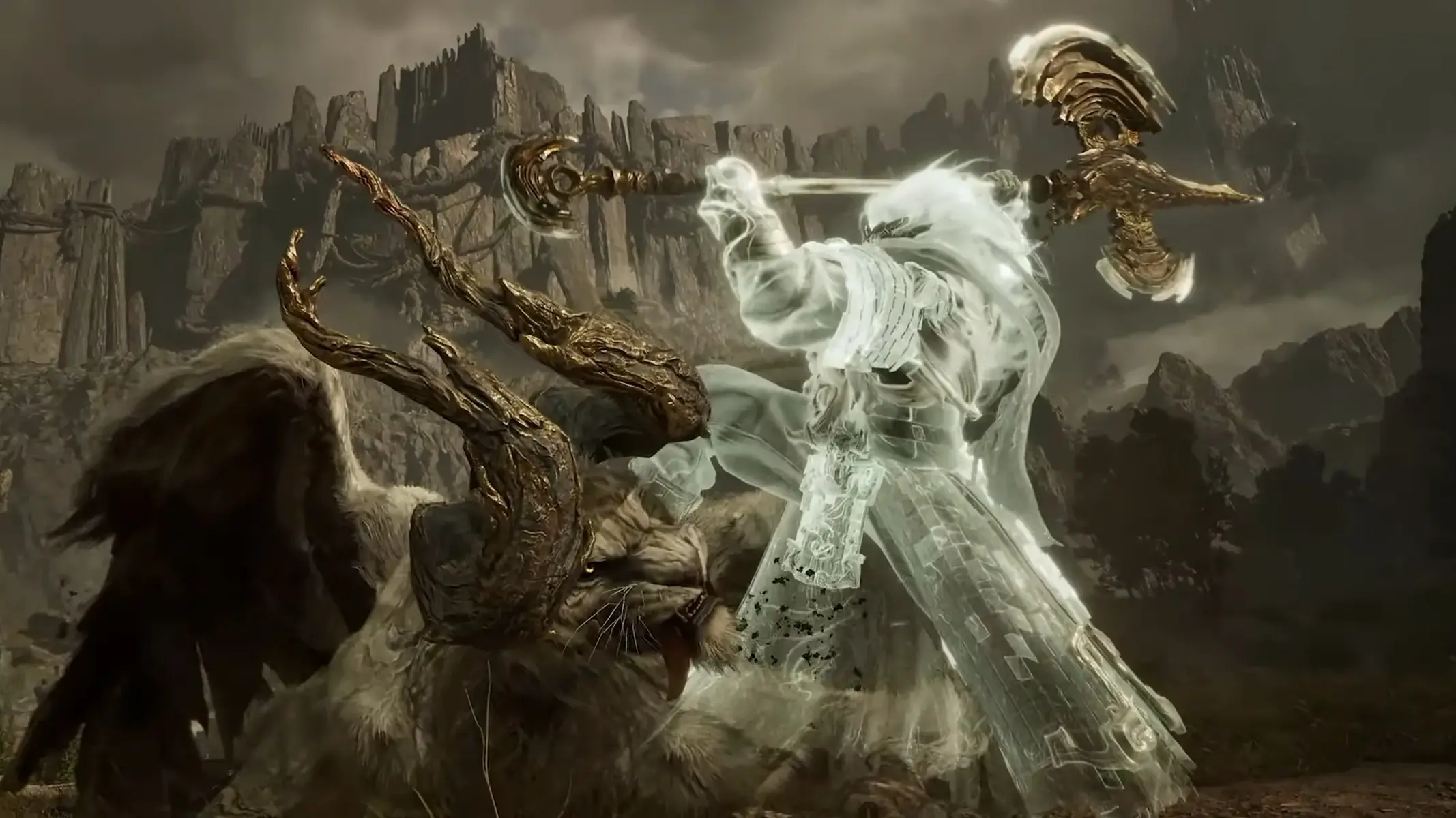 A translucent ghostly warrior wielding a golden axe fighting a large antlered beast in a rocky landscape