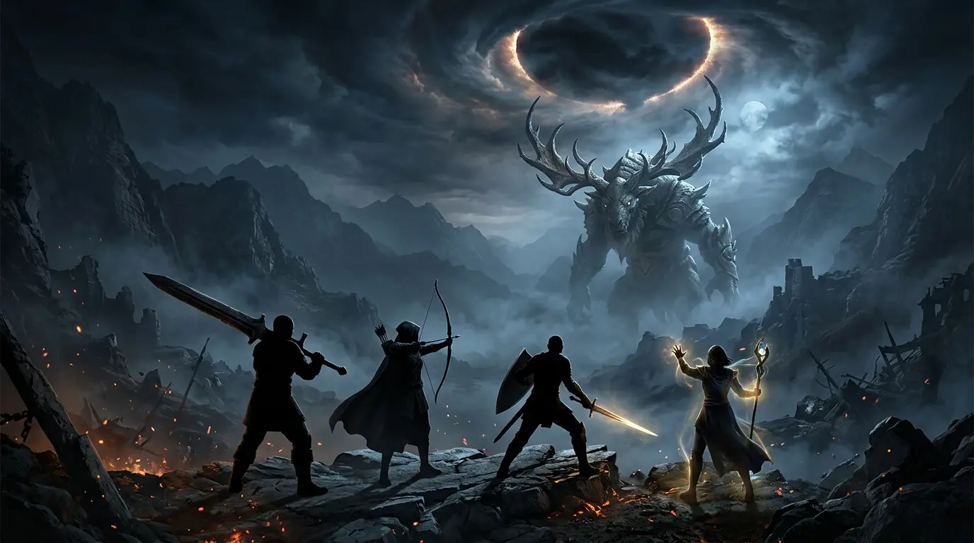 Four anonymous warriors confront a towering horned mythic beast in a dark misty fantasy landscape.