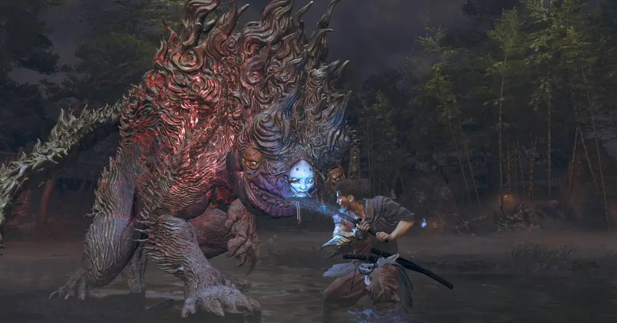 Samanosuke fighting a massive, red-skinned demonic creature with a sword in a dark bamboo forest