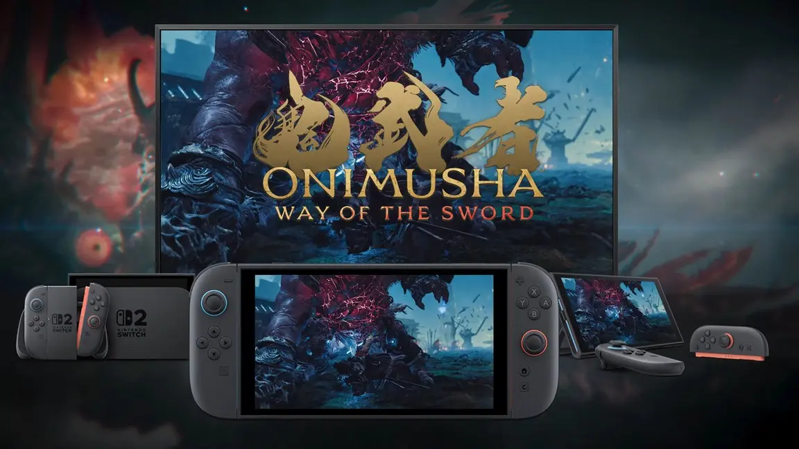 Onimusha: Way of the Sword title screen displayed on a TV and Nintendo Switch consoles