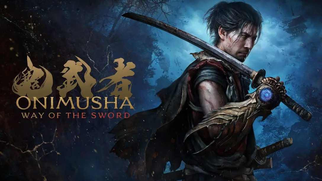 Key art for Onimusha Way of the Sword featuring a samurai with a katana and a glowing blue gauntlet
