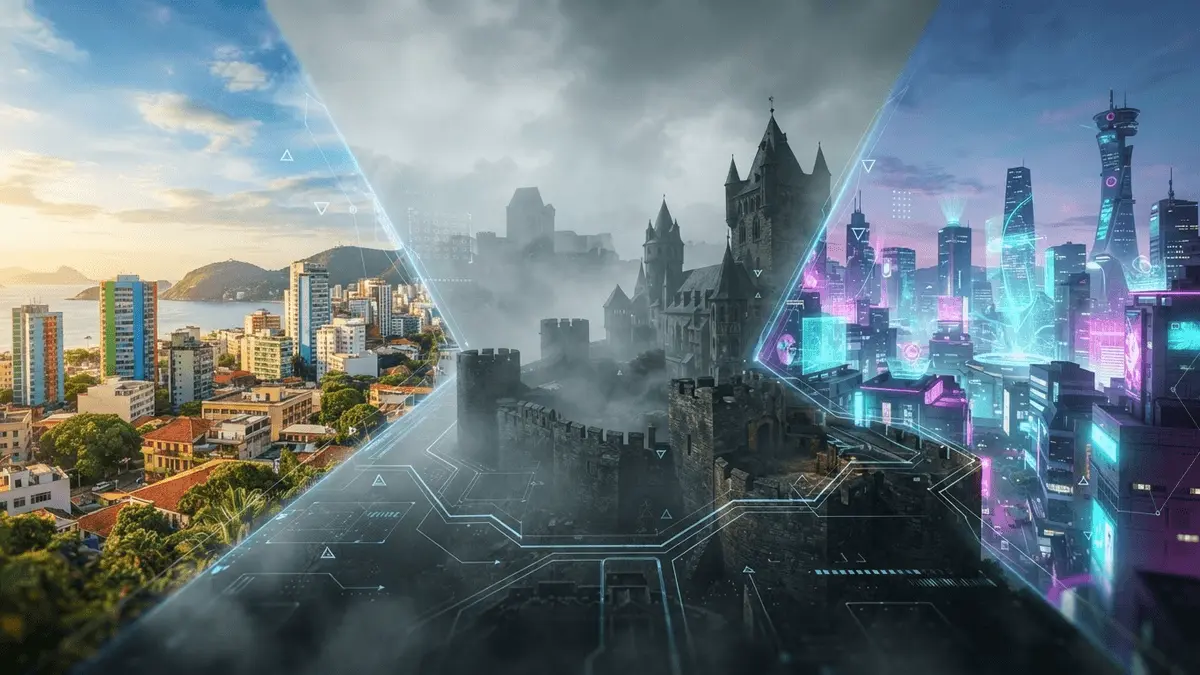 Three iconic Overwatch map locations - Paraiso, Eichenwalde, and Busan - merging in tactical battlefield composition