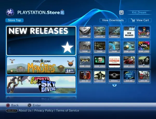 Screenshot of the PlayStation Store interface on PS3 featuring New Releases and game tiles
