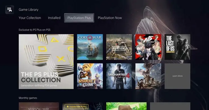 PlayStation 5 Game Library interface showing the PlayStation Plus subscription tab and available games.