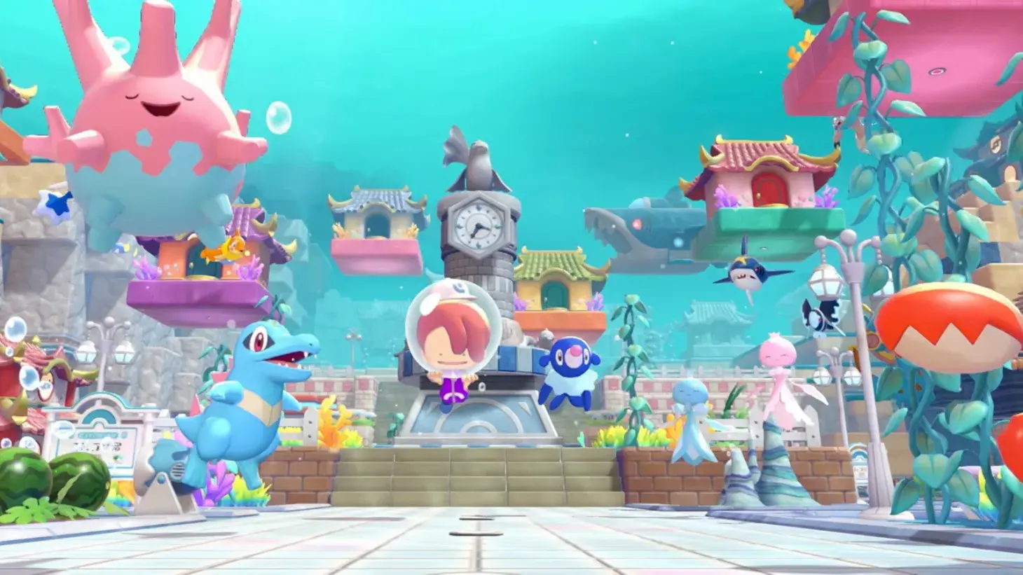 A colorful underwater city in Pokemon Pokopia featuring a human character in a bubble and various Pokemon.