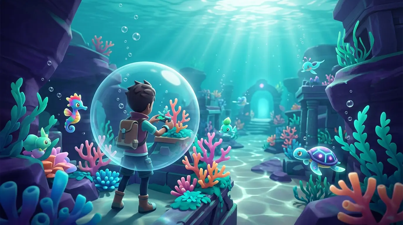 Pokémon Pokopia’s Bubbly Basin underwater area with a player restoring a colorful submerged habitat