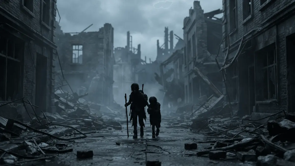 Two silhouettes cross a ruined city street in Reanimal: The Prisoner DLC