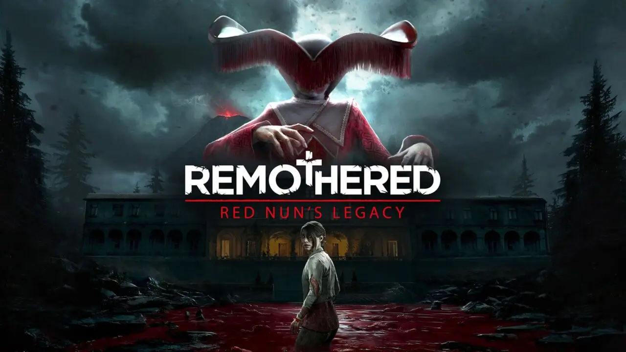 Promotional art for Remothered: Red Nun's Legacy showing a woman facing a giant Red Nun over a dark mansion