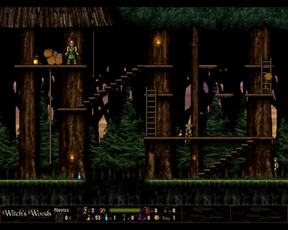 2D side-scrolling gameplay of Return to Dark Castle featuring a character in a forested area called Witch's Woods