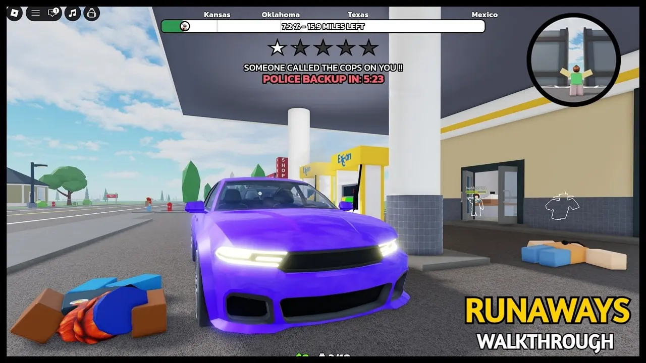Roblox Runaways gameplay showing a purple car parked near a building with UI elements and a knocked-out character.
