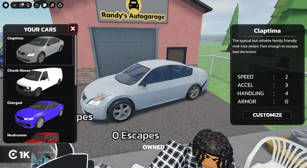 Roblox Runaways vehicle selection menu showing a light blue Claptima sedan in front of Randy's Autogarage