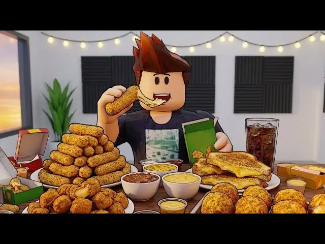 Roblox character eating a fried cheese snack with a long cheese pull and a table full of appetizers