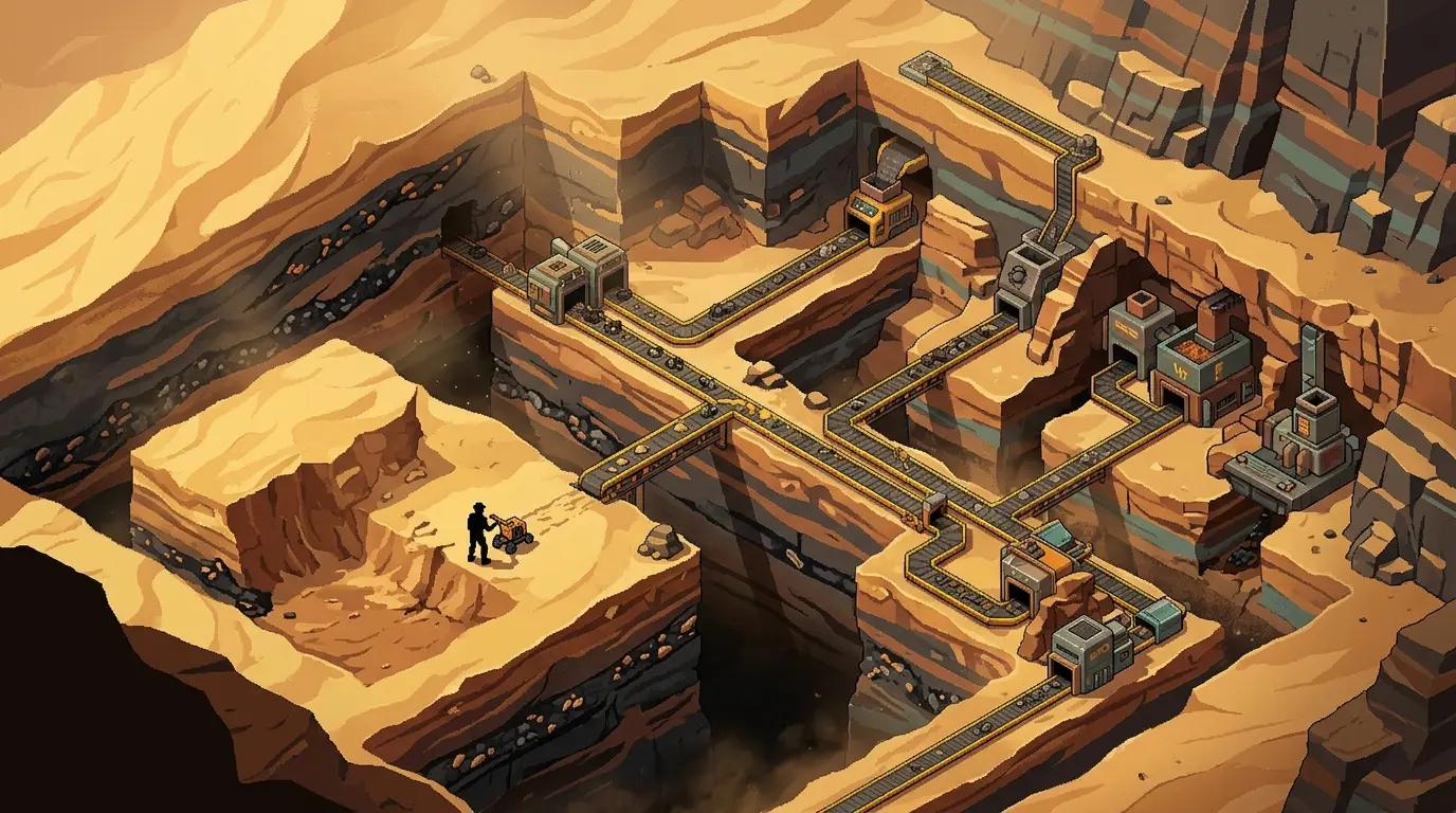 Destructible sand terrain carved around automated conveyors and processing machines in Sandustry