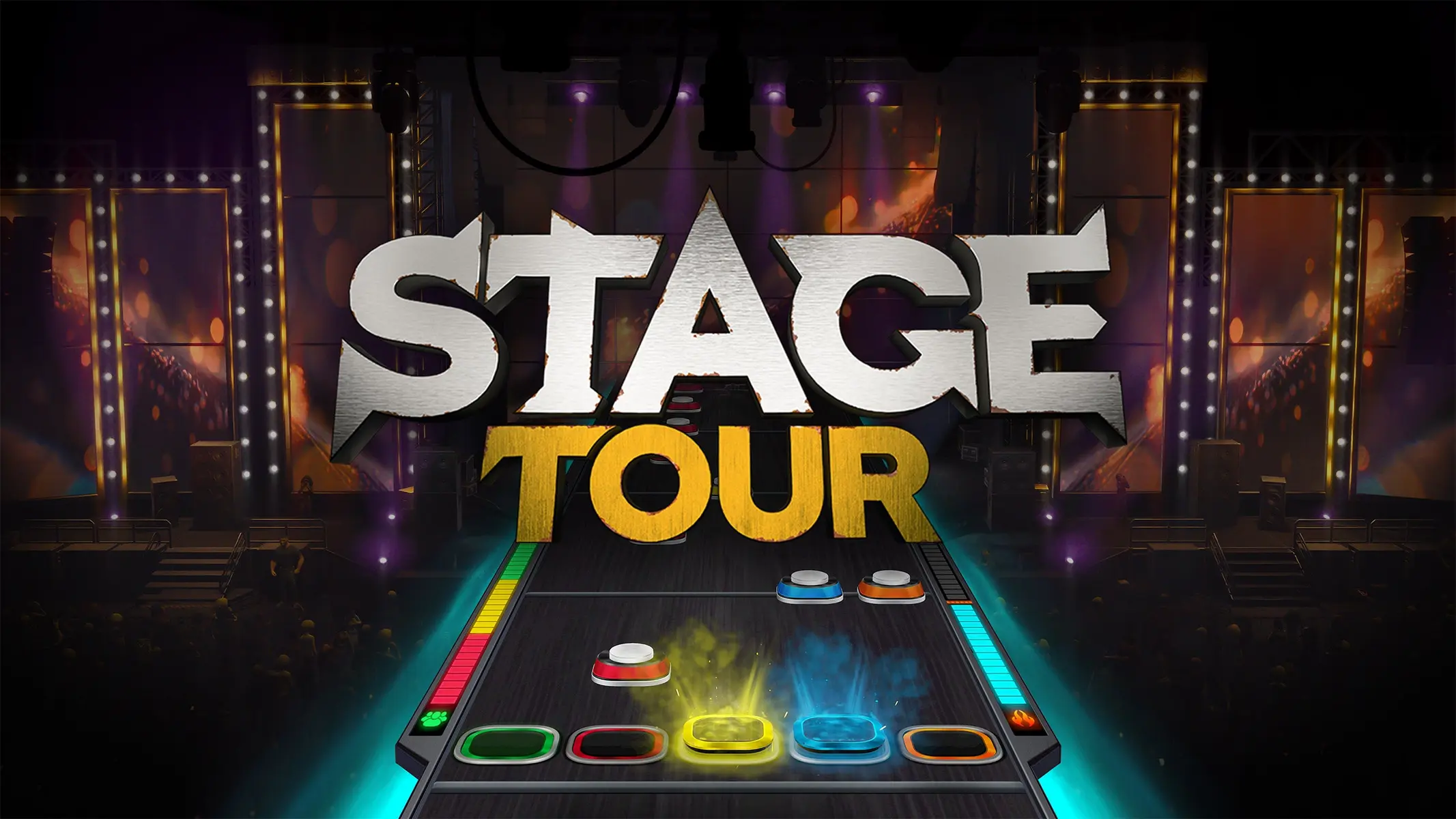 Stage Tour game title screen featuring a digital music track with colorful glowing buttons on a concert stage.