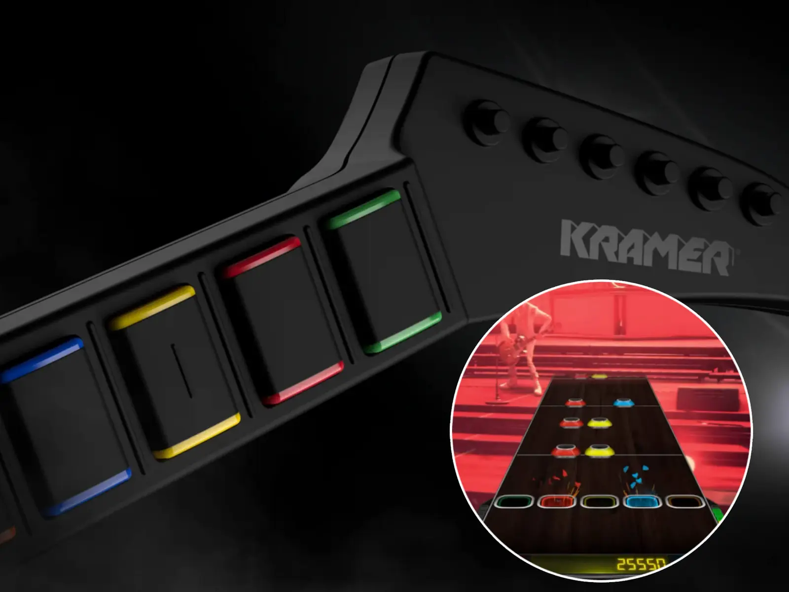 Close-up of a Kramer rhythm game guitar controller with a circular inset showing gameplay footage