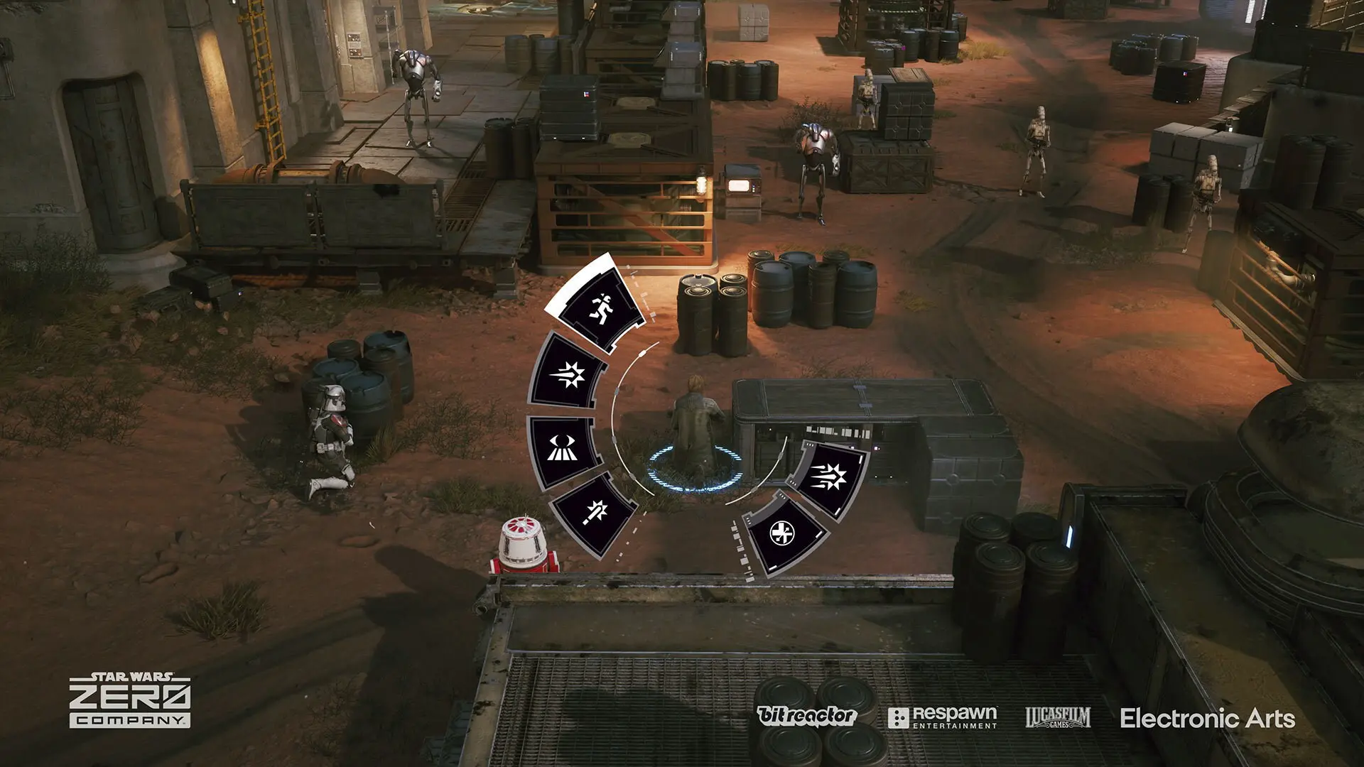 Top-down gameplay view of Star Wars Zero Company featuring a character surrounded by a tactical action wheel