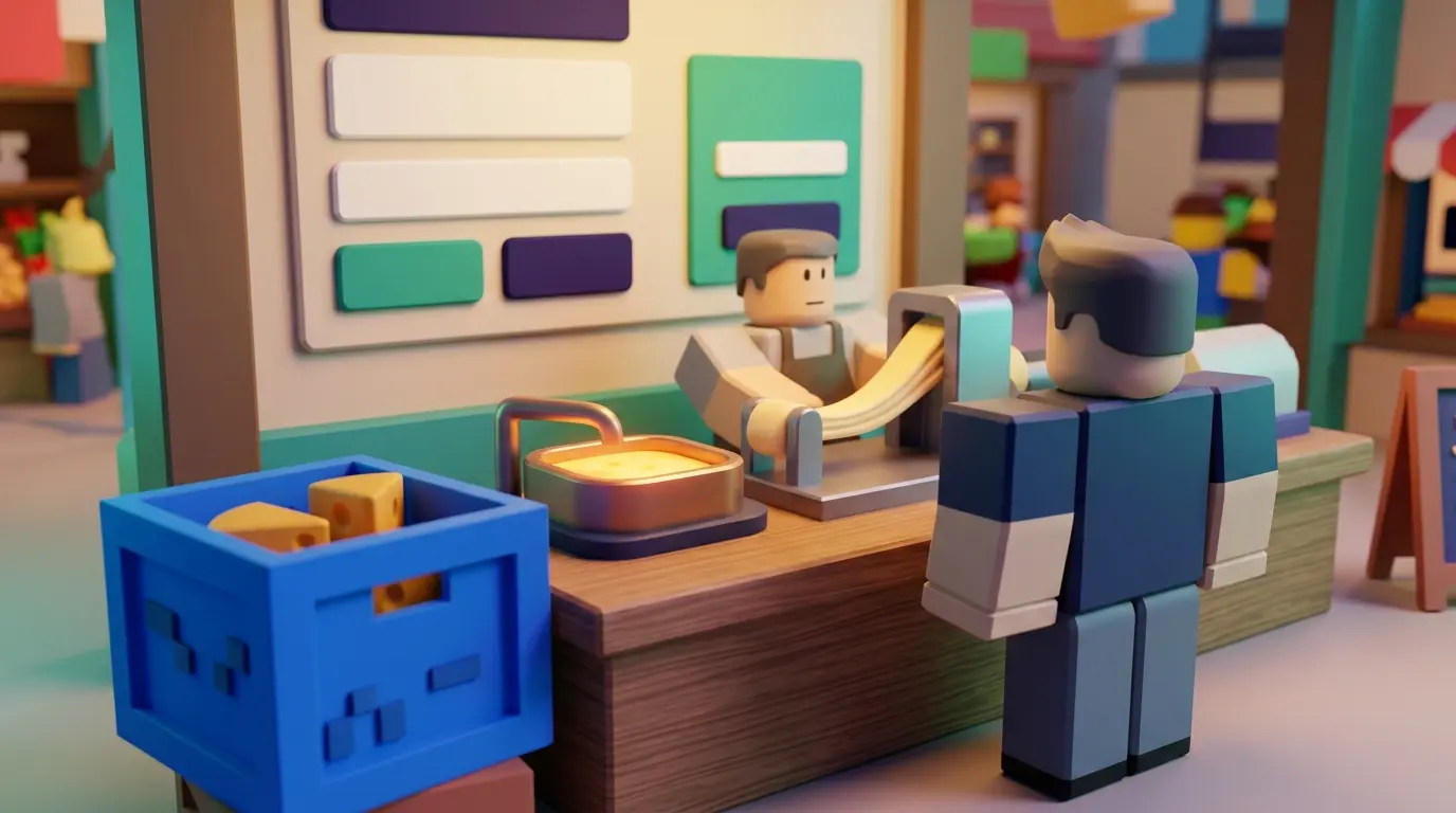 Roblox-inspired cheese shop scene with a blue crate and code redemption setup