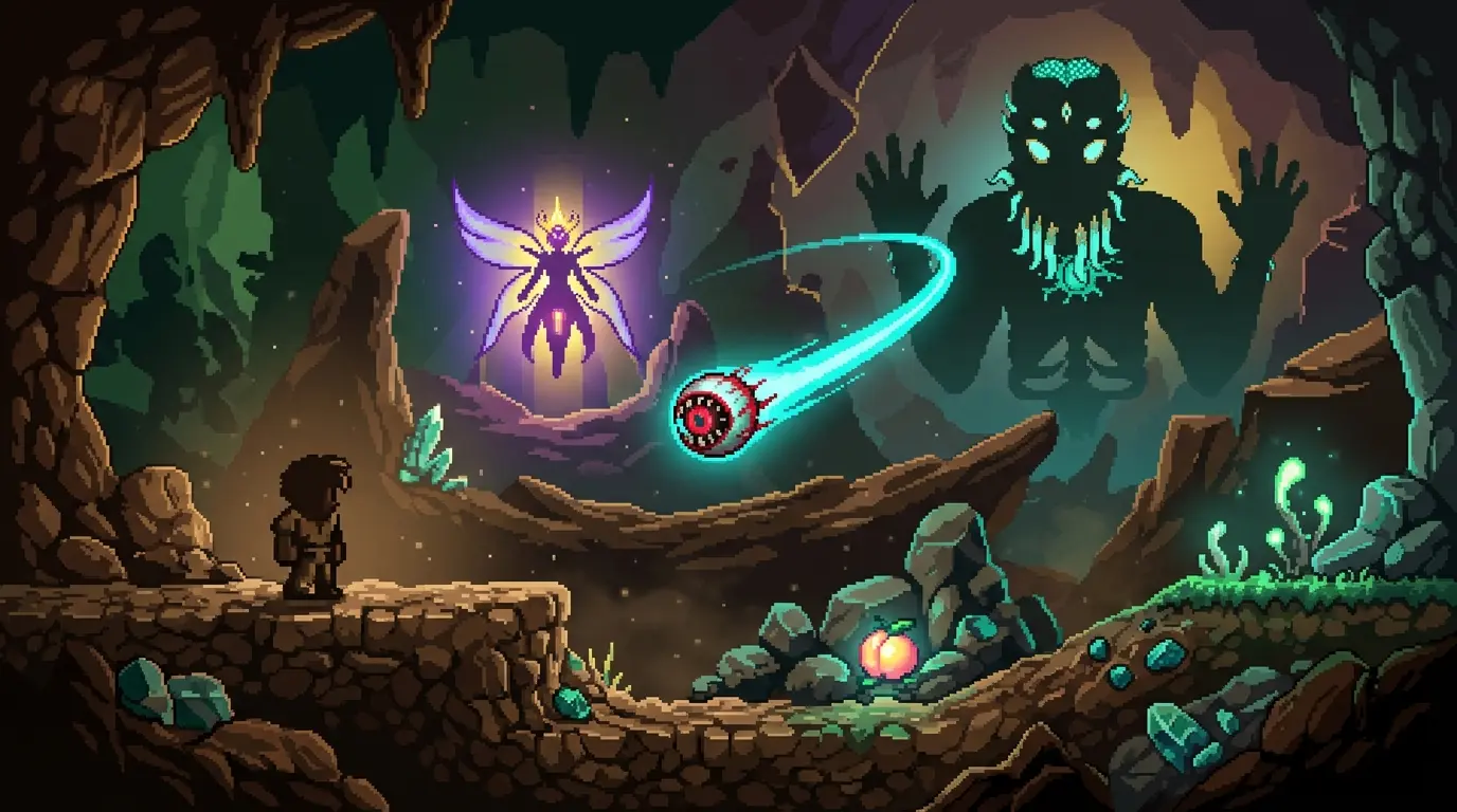 Terraria-inspired scene showing a yoyo weapon, boss arena, and mysterious underground terrain from the 1.4.5.7 update