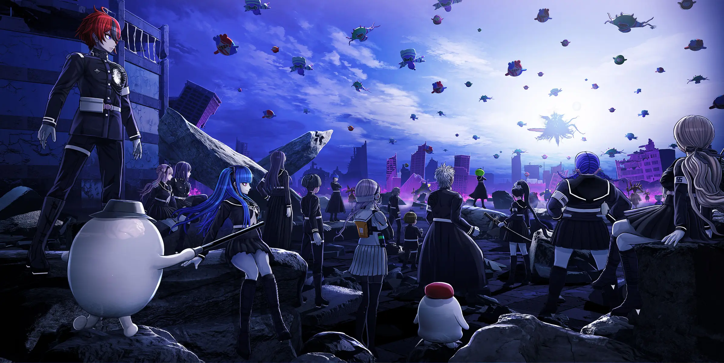 Cast of characters from The Hundred Line: Last Defense Academy facing a swarm of creatures in a ruined city