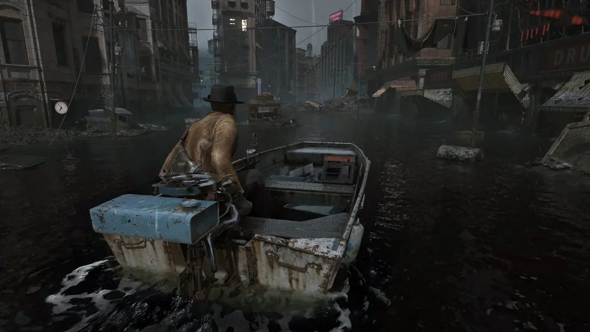 A man in a hat riding a motorboat through a flooded urban street with decaying buildings.
