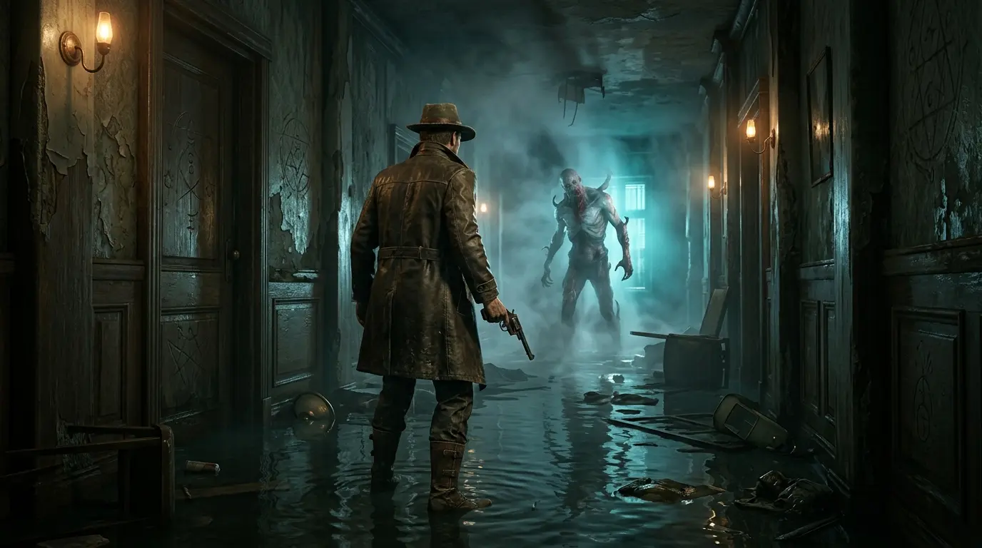 A lone survivor confronts a pale monster in a flooded Lovecraftian corridor.