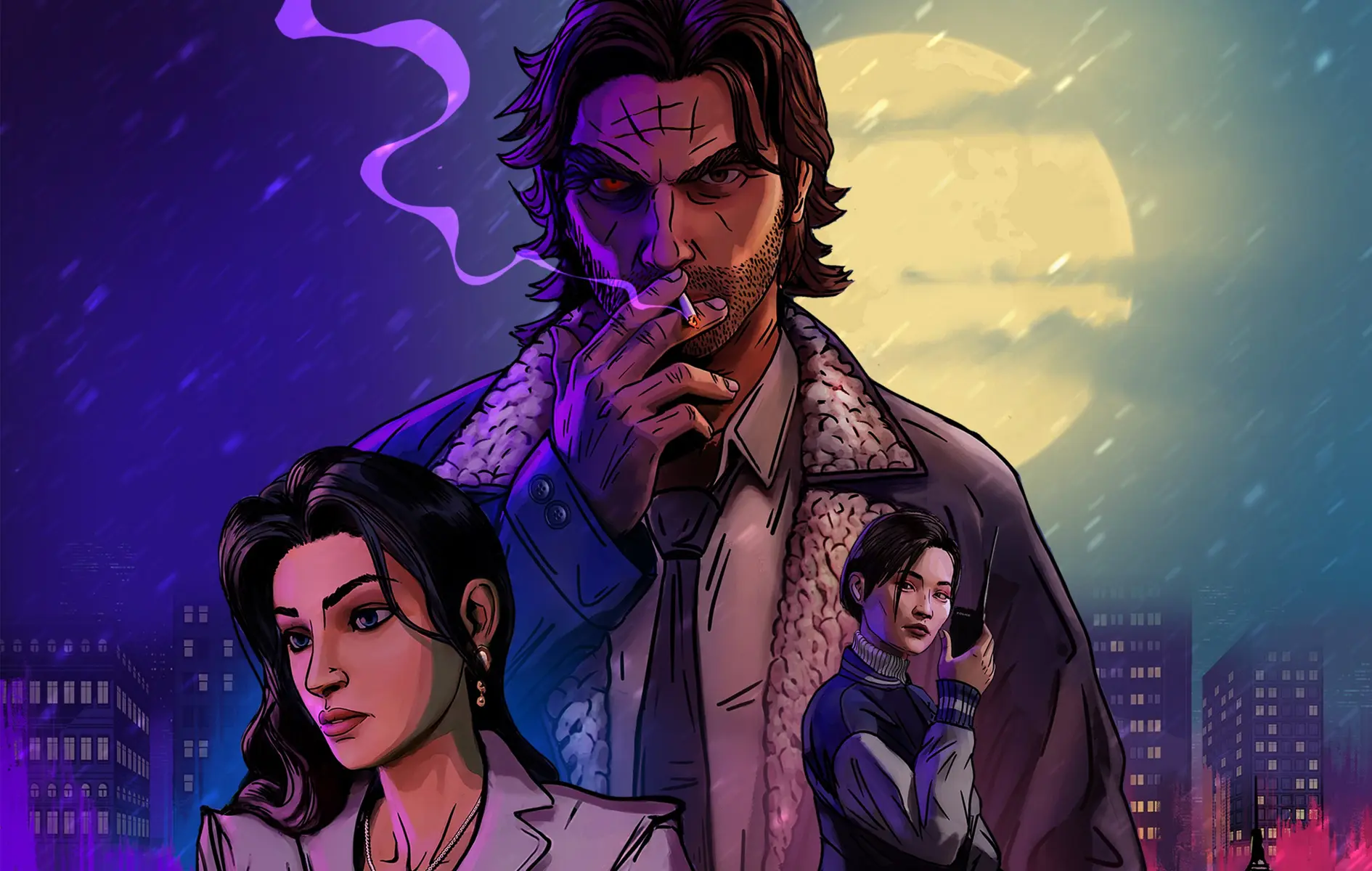 Bigby Wolf smoking a cigarette with two women in front of a large full moon and a city skyline