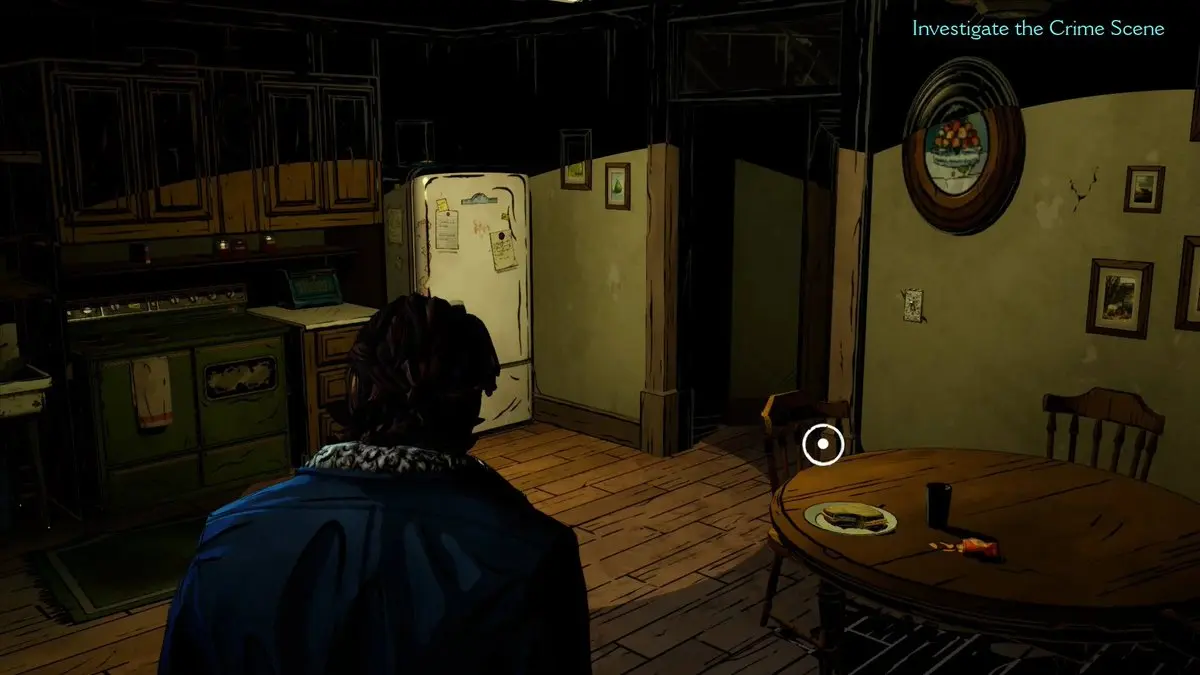 Third-person view of Bigby Wolf investigating a dimly lit kitchen crime scene in The Wolf Among Us 2