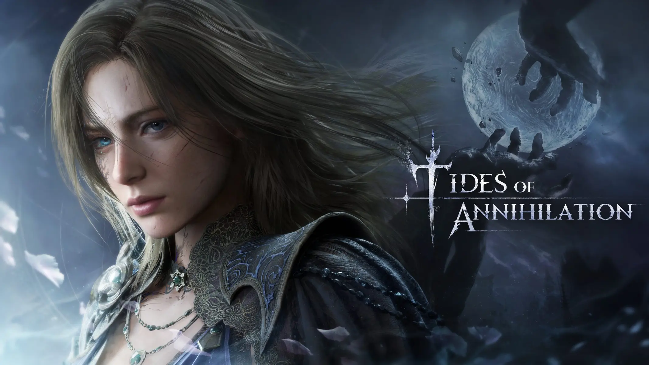 Close-up portrait of Gwendolyn from Tides of Annihilation with flowing blonde hair and ornate armor