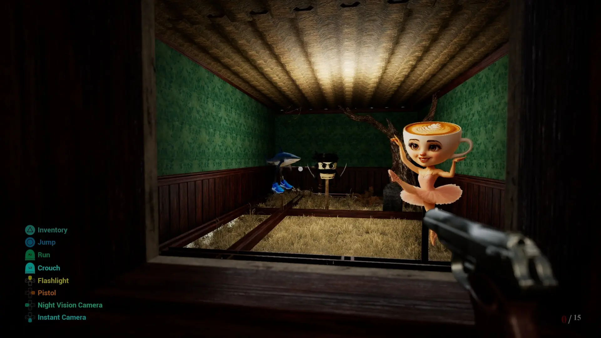 First-person gameplay view of a horror game showing a coffee cup ballerina character in a room