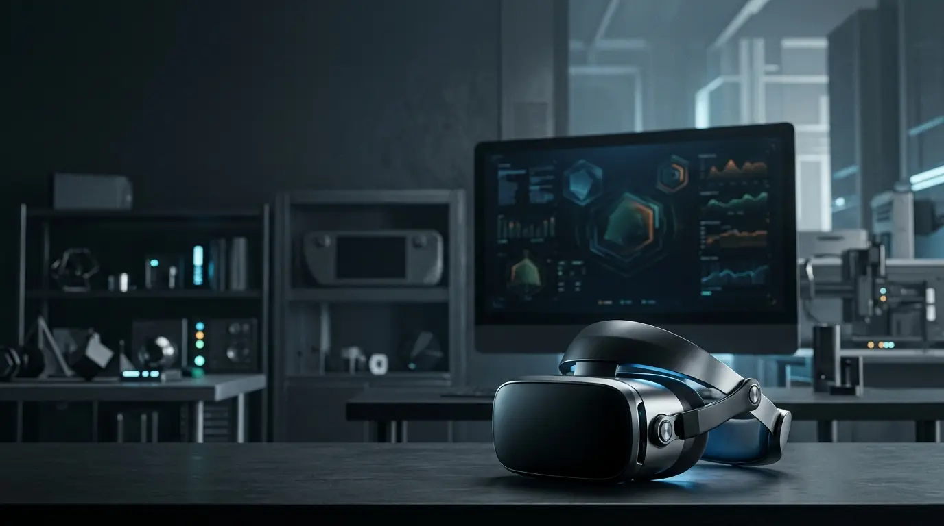Futuristic VR headset representing Valve’s Steam Frame launch uncertainty and 30-year gaming legacy