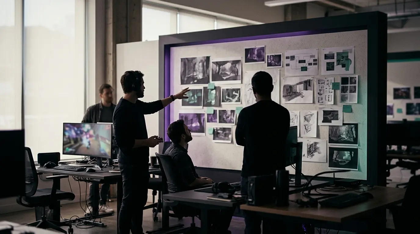 Small Chinese game studio team developing an ambitious new IP in a modern workspace