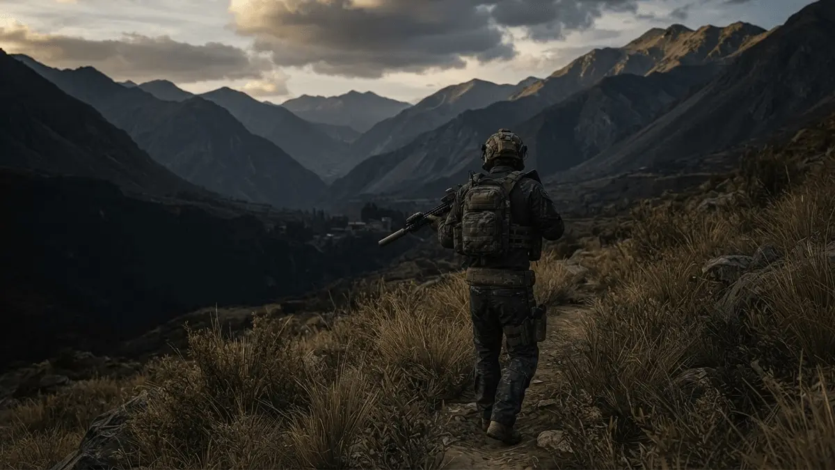 Tactical soldier overlooking a rugged Bolivian valley in a cinematic Ghost Recon Wildlands scene