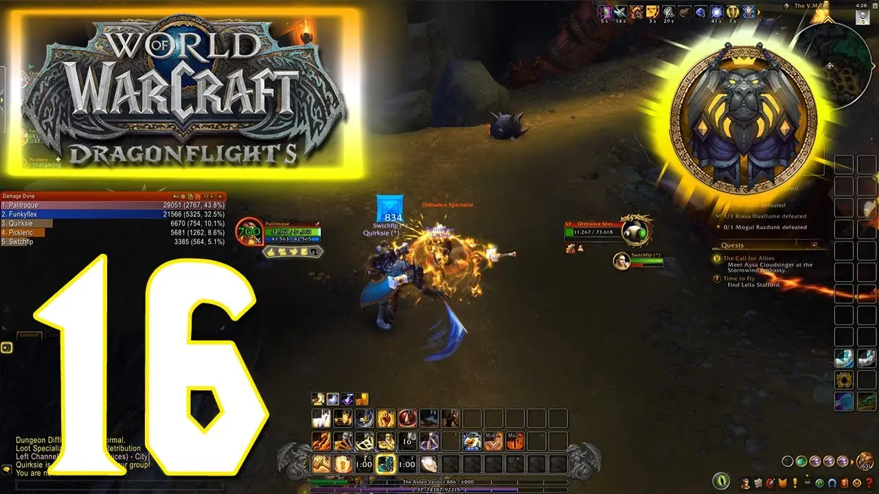 World of Warcraft Dragonflight gameplay showing a Retribution Paladin attacking enemies in a dungeon.