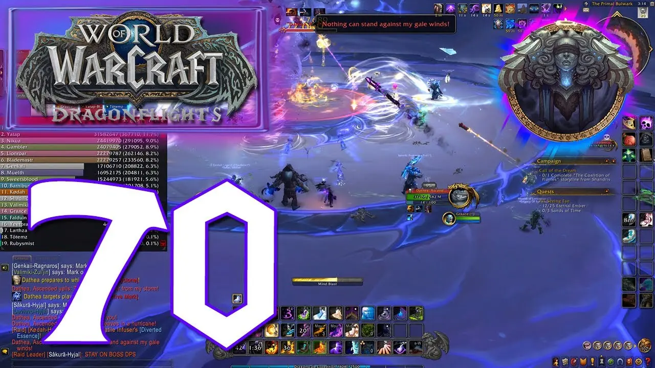 World of Warcraft Dragonflight gameplay screenshot featuring a Shadow Priest with a large '70' overlay.