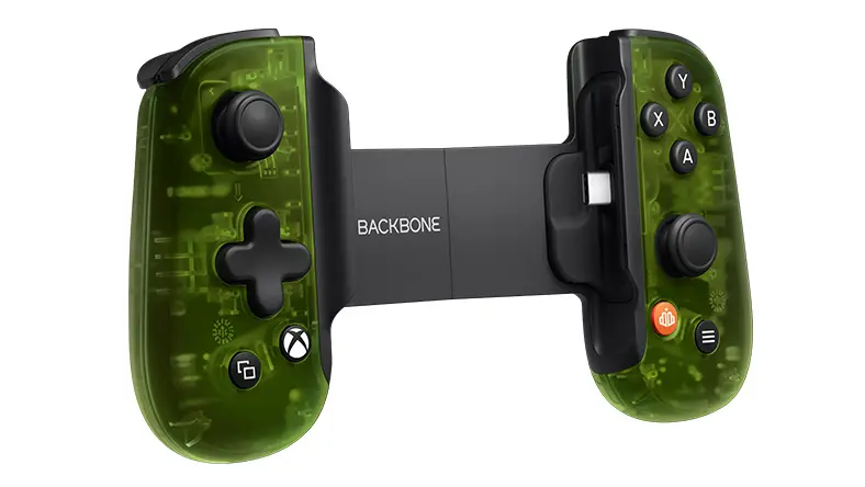 A translucent green Backbone One mobile game controller with an Xbox button on a white background