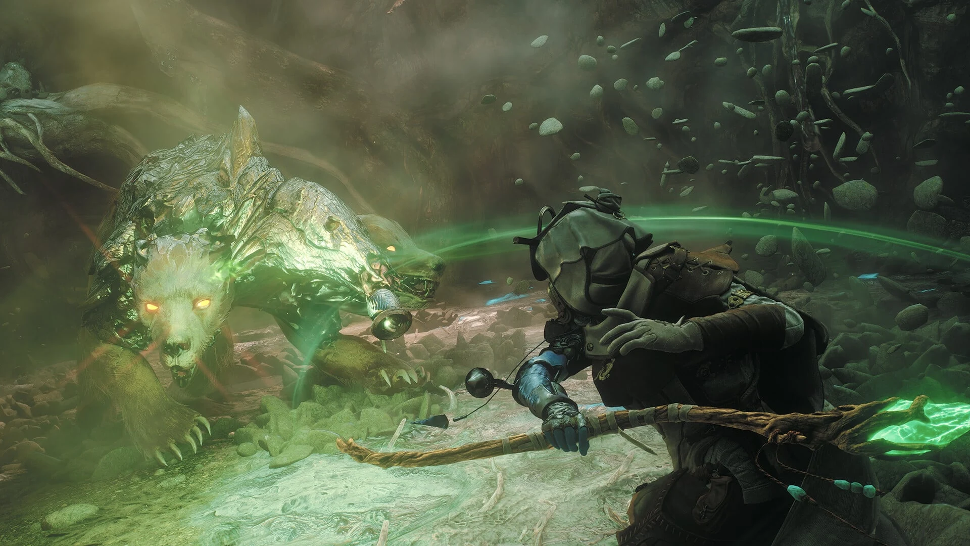 A character in Soulframe wielding a glowing staff against a large, crystalline bear-like creature in a misty forest.