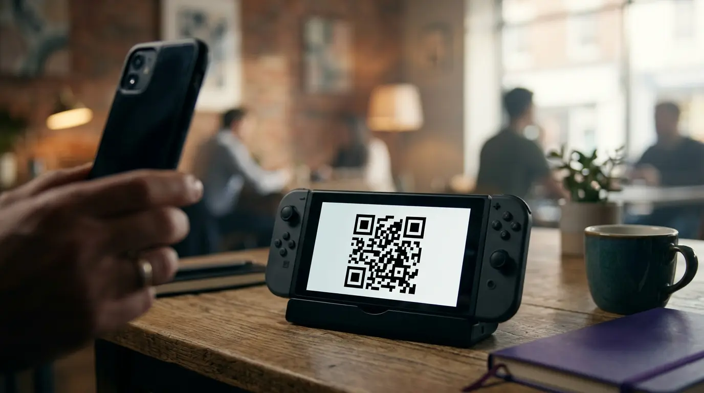 Original Nintendo Switch showing a QR code while an unknown nearby phone scans it