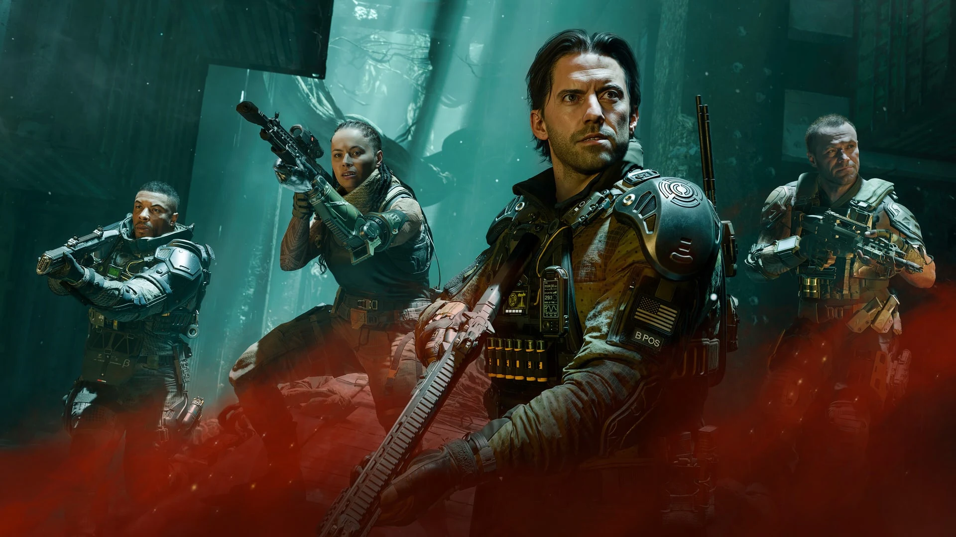 Official key art for Call of Duty: Black Ops 7 featuring a team of soldiers in tactical gear in a dark environment.