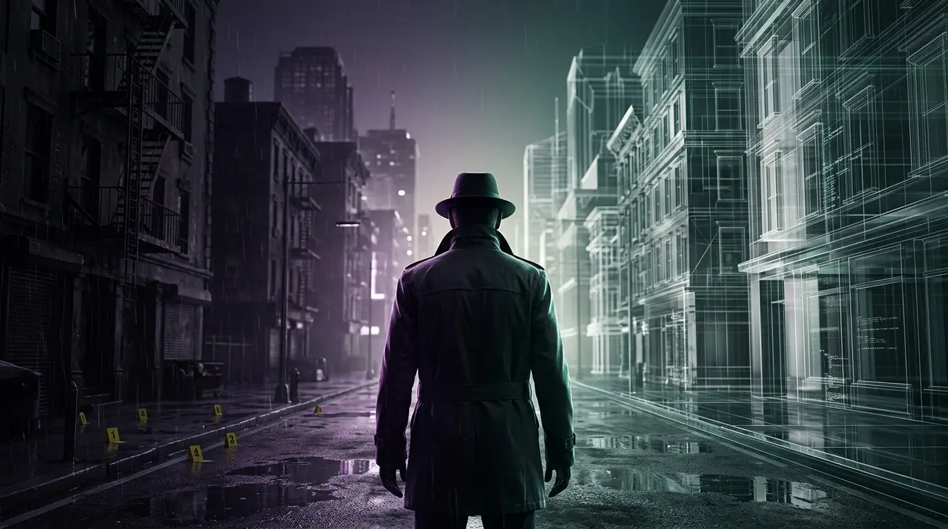 A faceless detective silhouette investigates a mirrored virtual city in a futuristic mystery RPG setting.