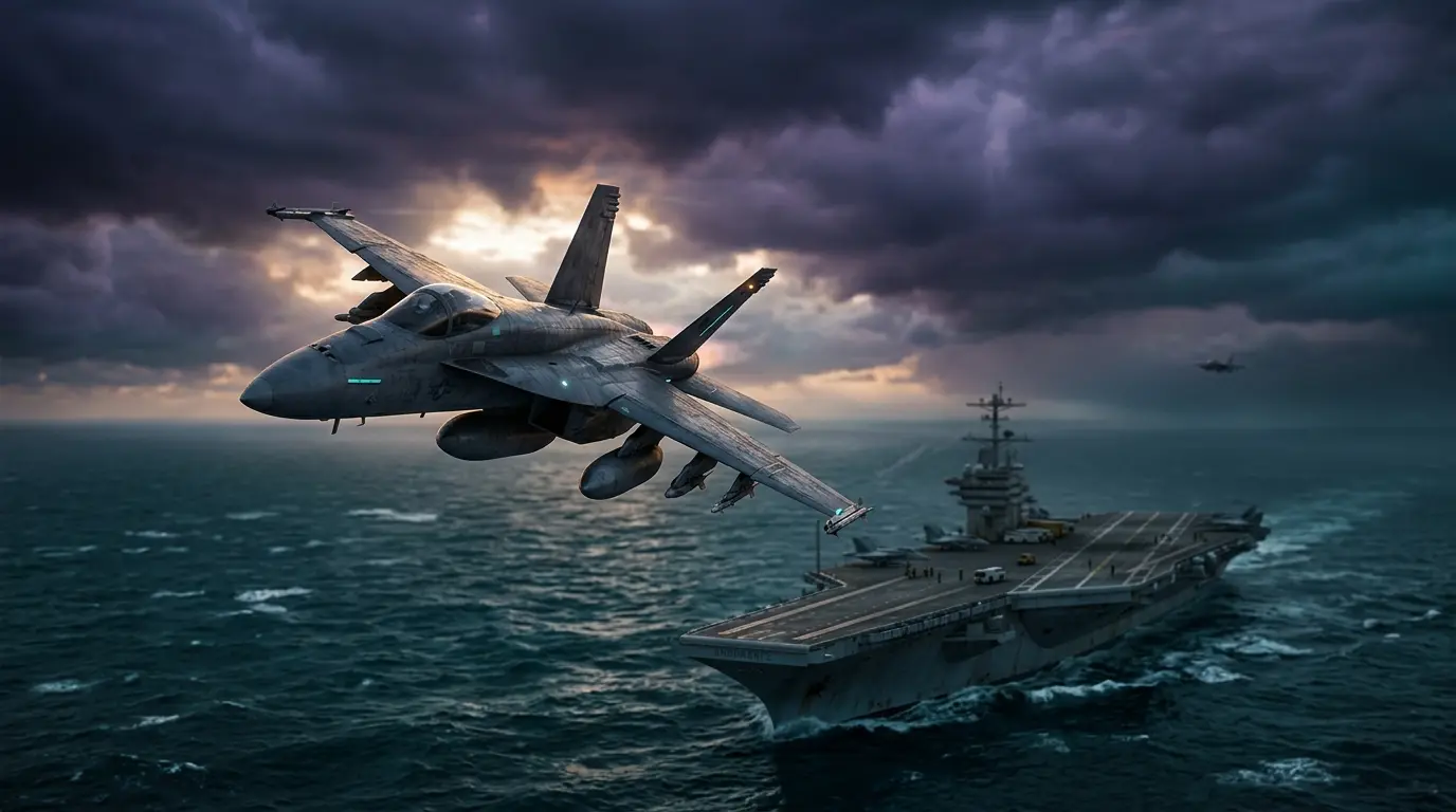 Cinematic fighter jet flying over an aircraft carrier under storm clouds in Ace Combat 8