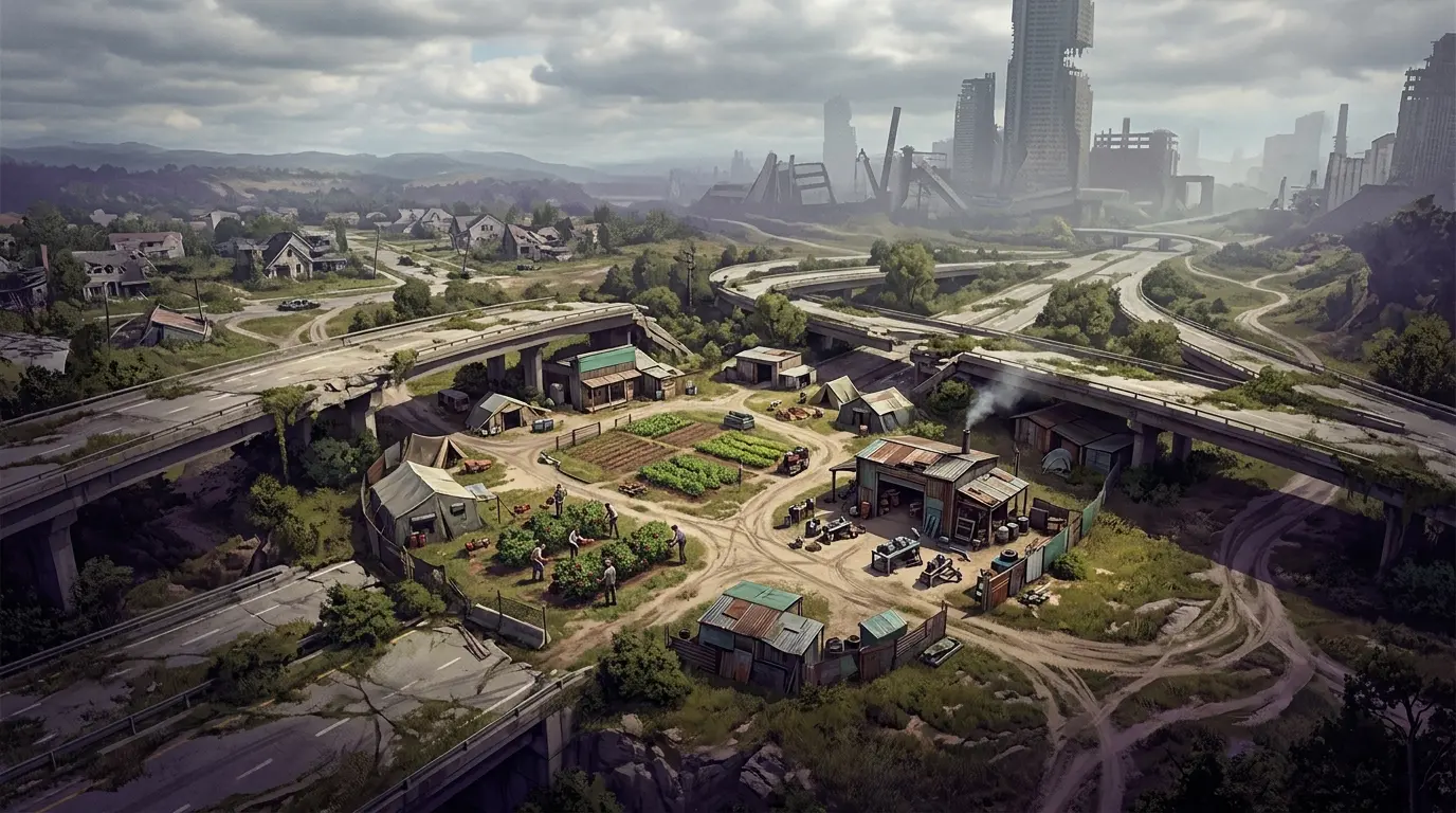 A survivor settlement grows among the ruins in Afterworld’s post-apocalyptic grand strategy setting.