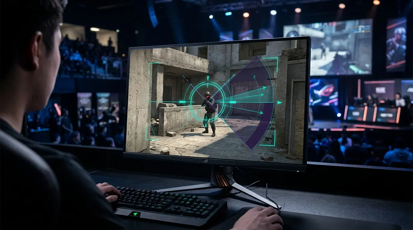 Competitive gaming monitor displaying first-person shooter scene with teal and purple targeting overlays suggesting AI-powered aim assistance and computer vision detection systems
