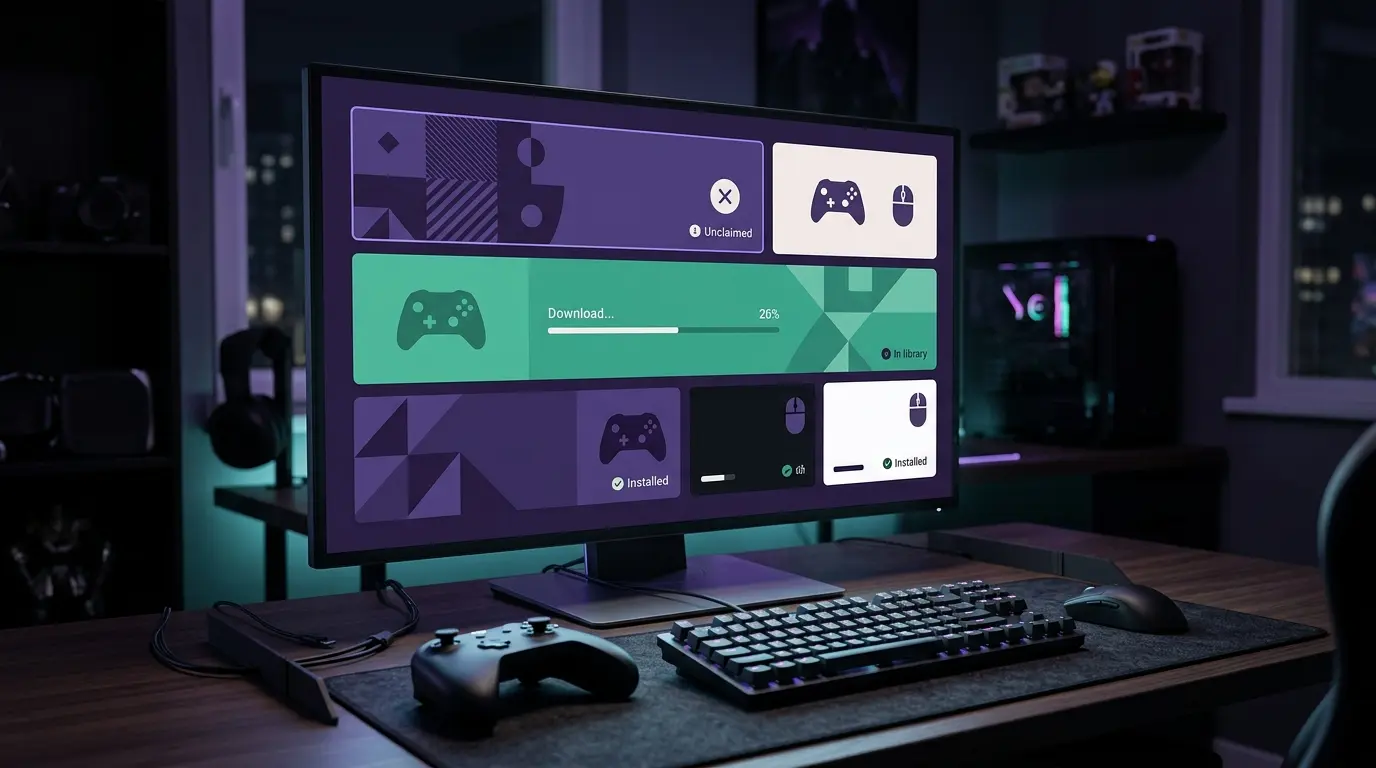 Gaming monitor showing fragmented storefront panels that represent Luna's multi-launcher redemption friction