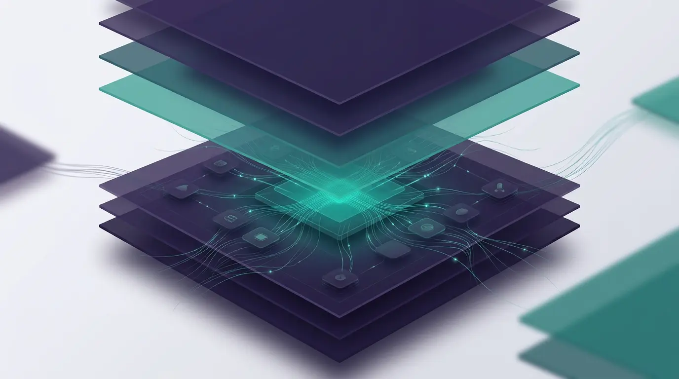 Layered digital security visualization of kernel-level anti-cheat architecture with purple and teal geometric layers representing system monitoring depths
