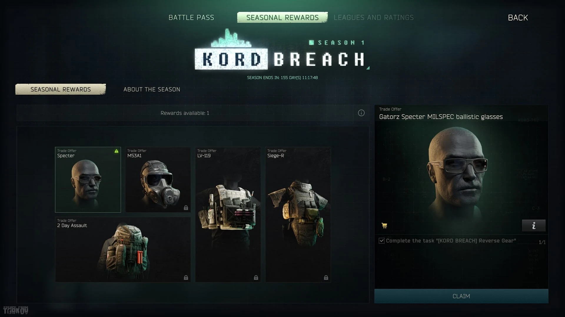 The Kord Breach season 1 rewards menu in Escape from Tarkov, showing various gear and character models.