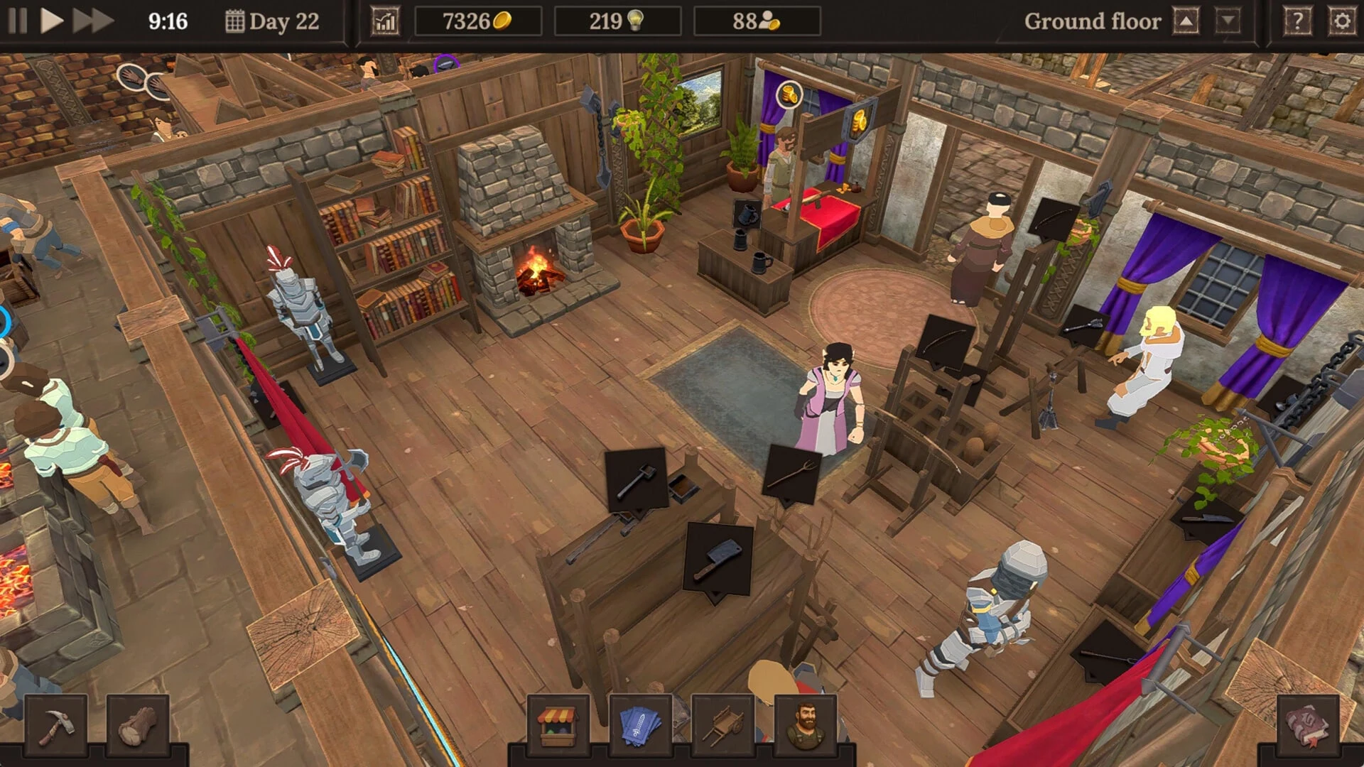 Gameplay screenshot of Blacksmith Master showing a medieval smithy interior with armor and weapons.