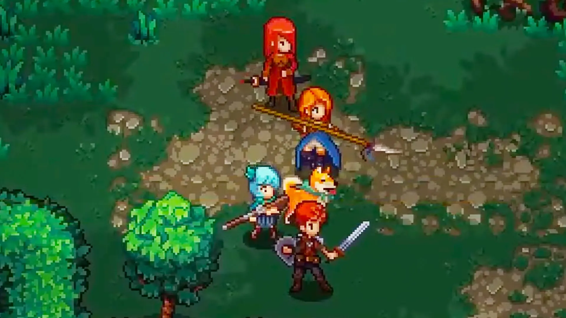 Pixel art characters from Chained Echoes standing in a grassy landscape