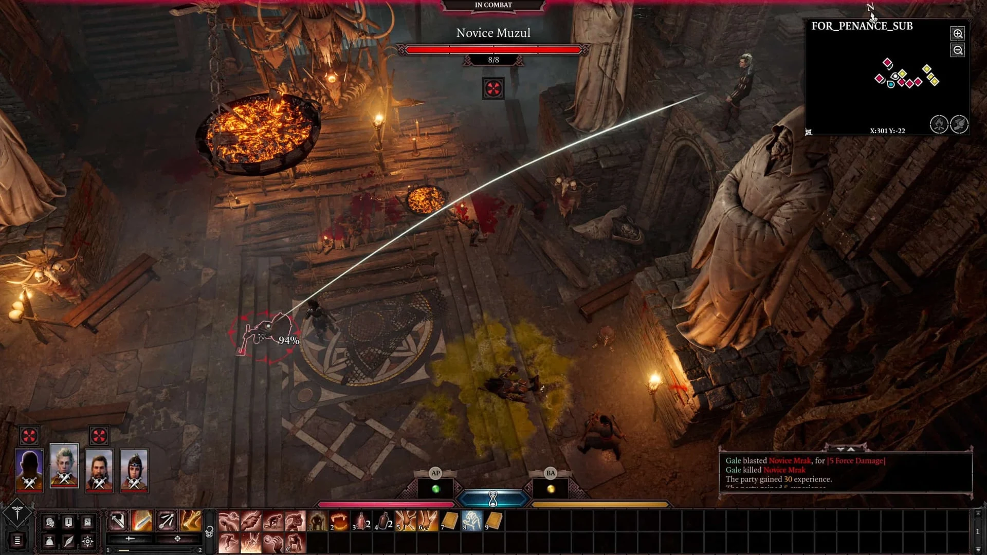 A gameplay screenshot of Baldur's Gate 3 showing a combat encounter in a gothic stone environment.