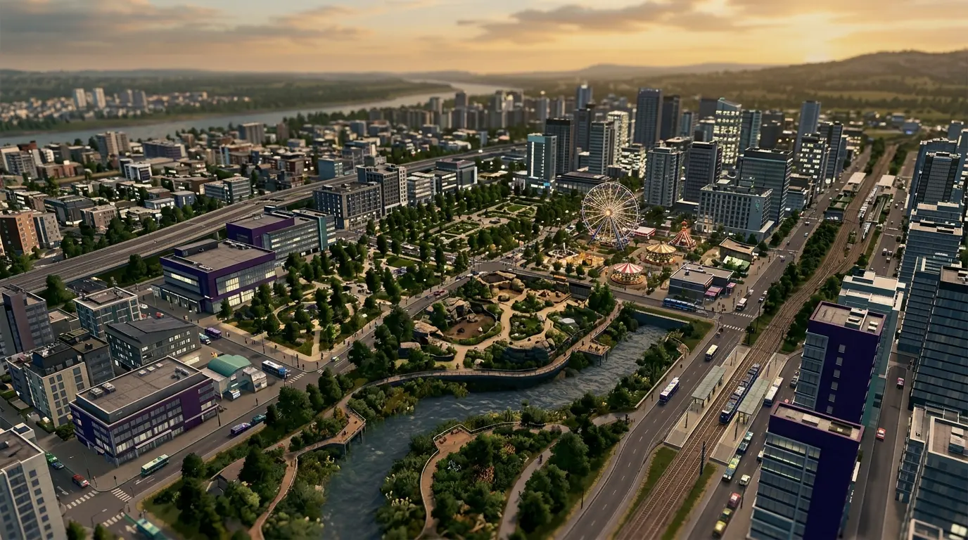 A planned city park district connects nature, entertainment and urban infrastructure in Cities: Skylines II.
